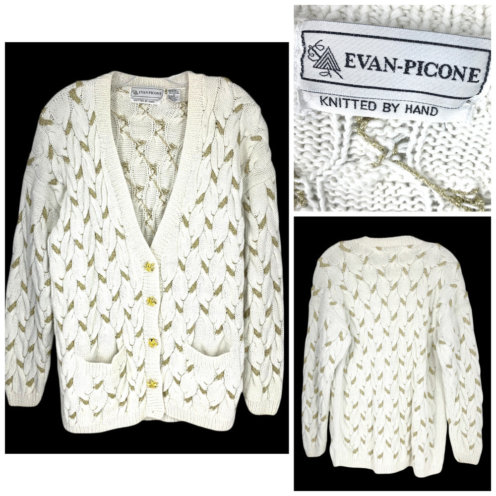 Vintage 1980's Evan Picone Hand Knitted Sz M Chunky Cable Knit Cardigan Sweater